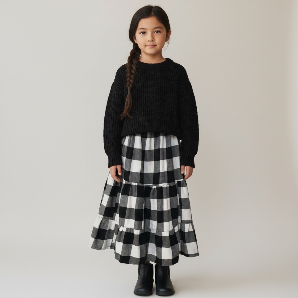 Skirt Flannel Girls 3/4 Maxi Buffalo Plaid Black Ruffle Tier Mom and Pop's‎ Kids